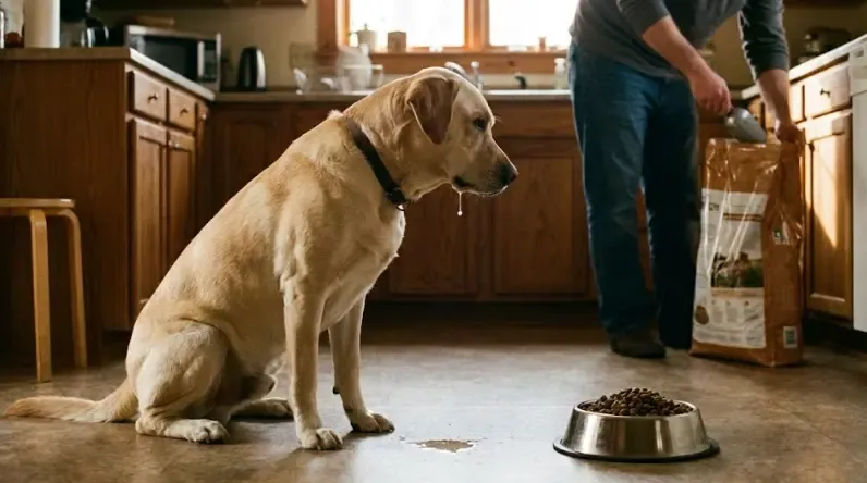 Perro esperando pacientemente frente a su plato de comida