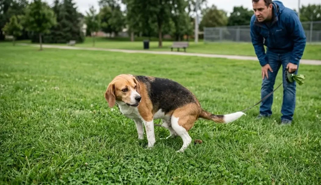 Perro con dificultad para defecar en el césped