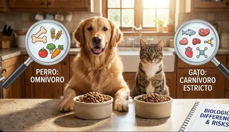 ¿Por Qué Tu Gato No Puede Comer Comida de Perro? La Ciencia de la Nutrición Explicada Fácil