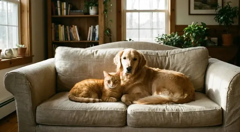Perro Golden Retriever y gato atigrado mirándose con calma en el salón