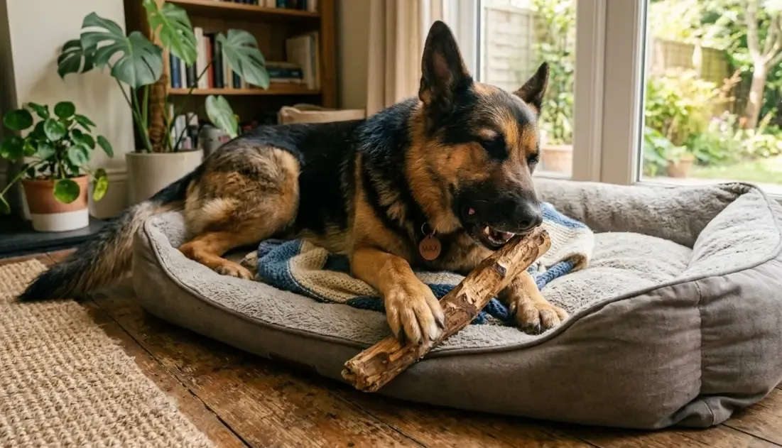 Un perro de raza grande tumbado en su cama masticando felizmente un trozo de madera de olivo natural