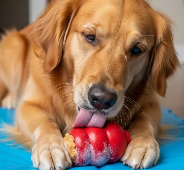 Perro lamiendo un juguete tipo Kong relleno y congelado sobre su alfombra de gel