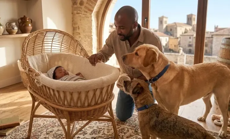 Un perro Labrador Retriever apoyando suavemente el hocico en el borde de una cuna de bebé