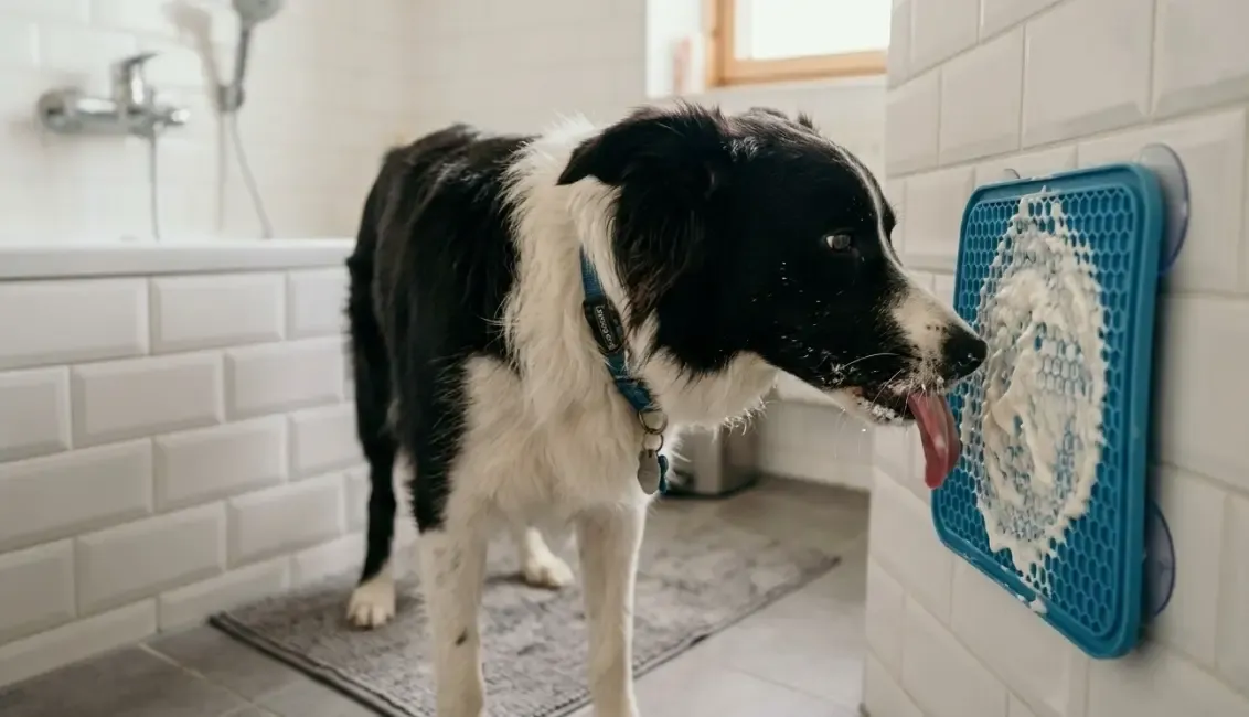 Un perro lamiendo concentrado una alfombrilla de lamido untada con yogur pegada en los azulejos del baño