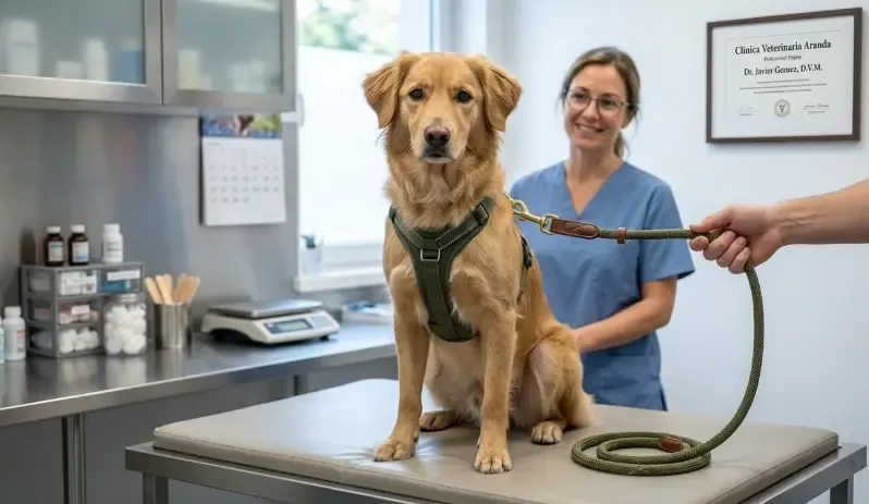 Un perro de raza mestiza mediana sentado tranquilamente en el veterinario, mostrando confianza