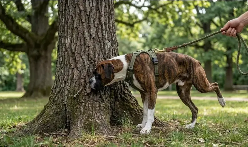 Perro macho olfateando intensamente el rastro de orina en un árbol del parque