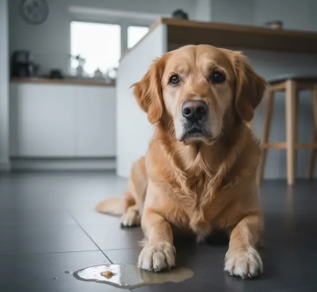 Un perro con expresión de malestar junto a un pequeño charco en el suelo