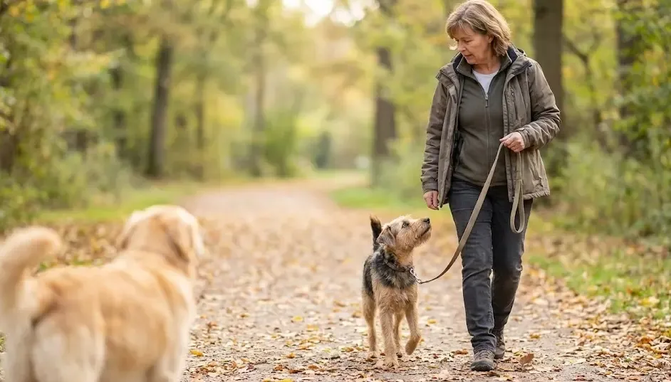 Dueño aplicando la técnica "Media vuelta" alejando a su perro del estímulo con correa floja