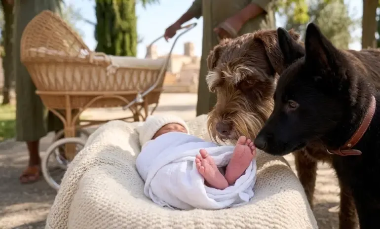 Padre presentando los pies de su bebé recién nacido a su perro, quien los huele tranquilamente y con curiosidad