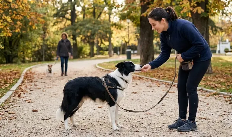 Dueño premiando a su perro al aire libre durante un paseo para mantenerlo en silencio y concentrado