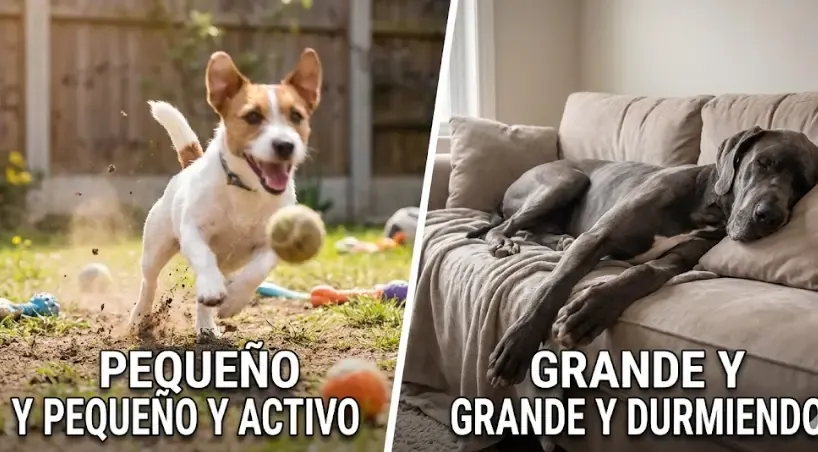 Comparativa visual de un perro pequeño muy activo vs un perro grande durmiendo