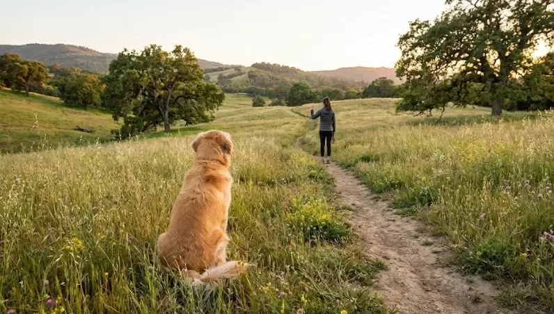 Perro sentado mirando atentamente a su dueño que se aleja unos metros