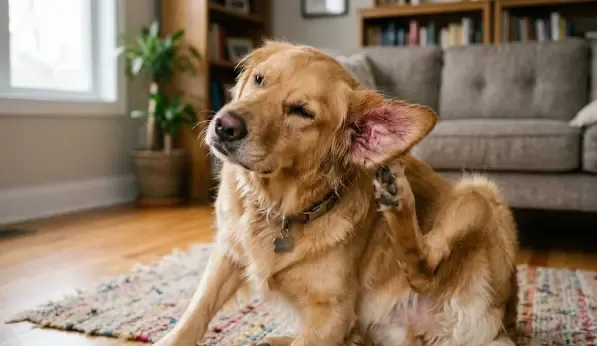 Perro golden retriever rascándose la oreja con signos de otitis