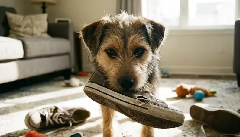 Perro joven con mirada desafiante y una zapatilla en la boca