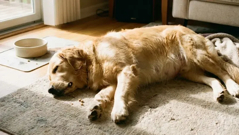 Perro descansando plácidamente en su cama después de comer, cumpliendo el reposo