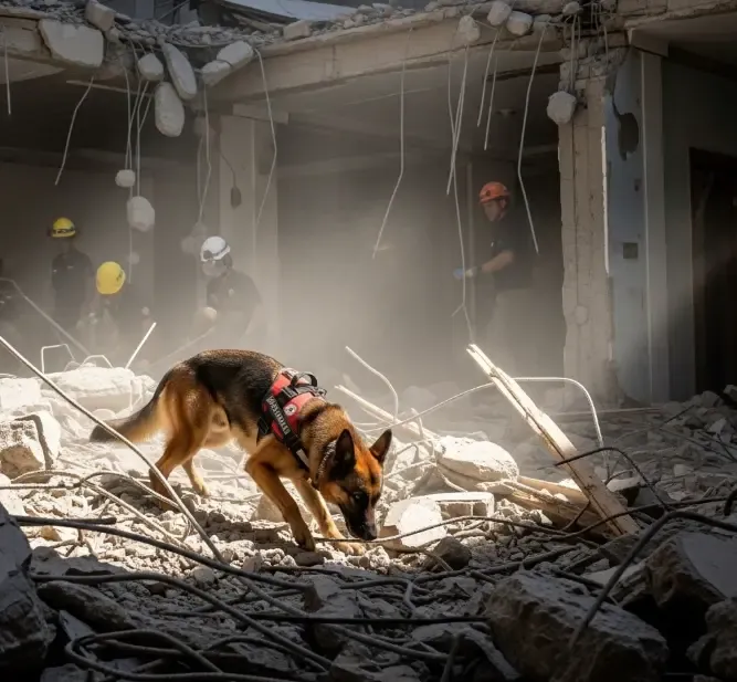 Perro de rescate pastor alemán buscando entre los escombros de un edificio derrumbado