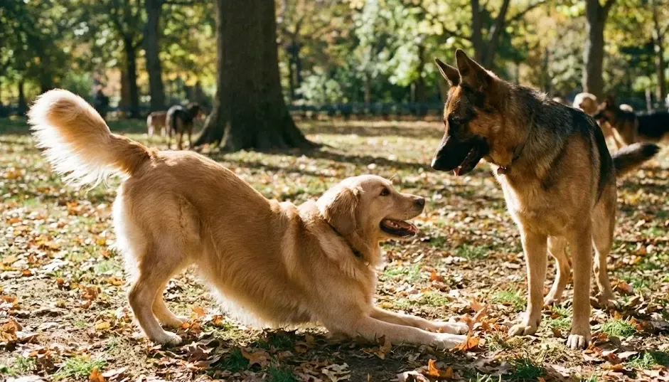 Un perro haciendo una reverencia de juego (play bow) invitando a otro perro a jugar