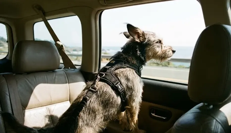 Perro mirando por la ventana del coche con arnés de seguridad puesto