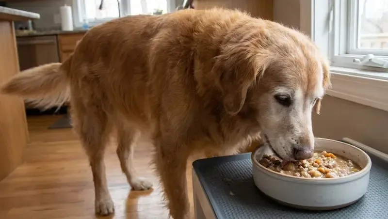 Perro senior comiendo comida húmeda con facilidad
