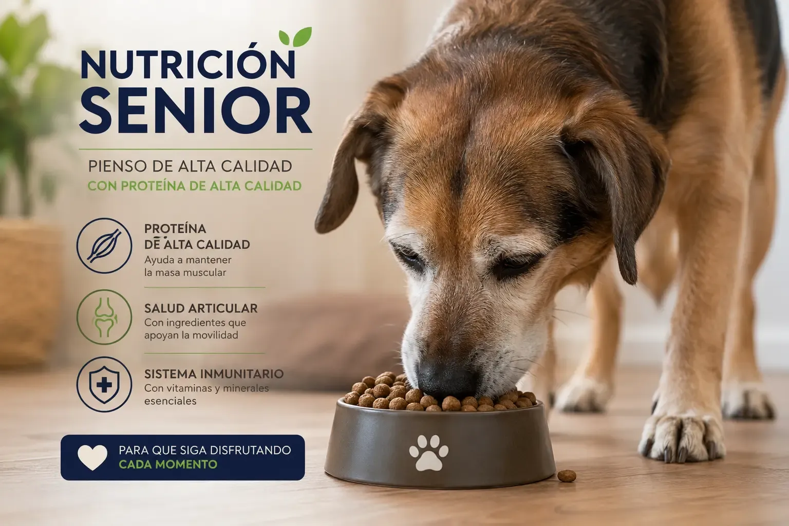 Perro senior comiendo pienso de calidad con proteína animal