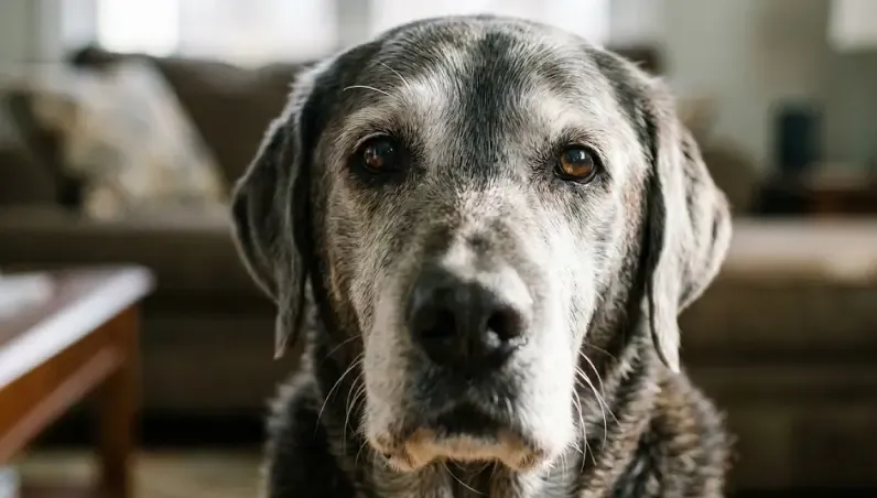 Primer plano de un perro labrador senior con el hocico lleno de canas mirando con ternura