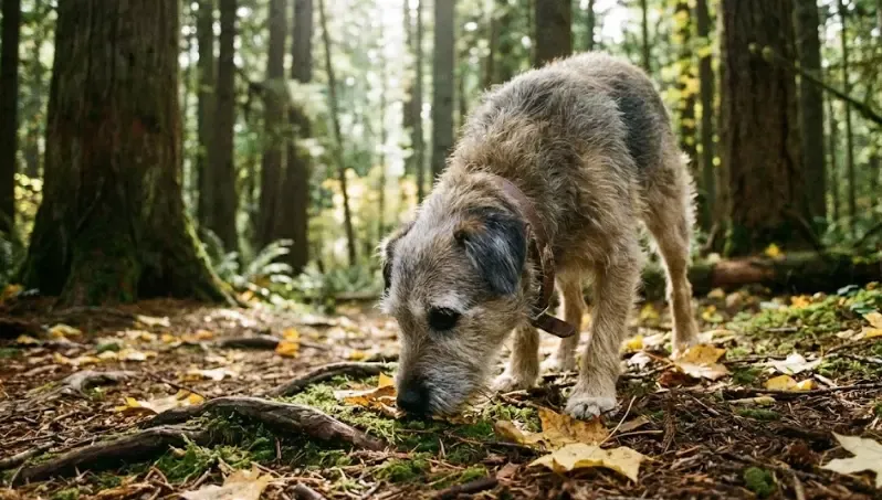 Perro senior olfateando el suelo detenidamente en un bosque