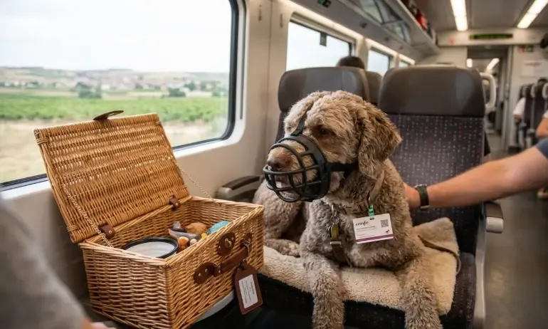 Un perro mestizo con bozal tipo cesta viajando tranquilo en el suelo de un tren de cercanías