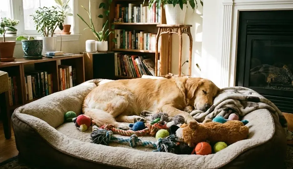 Perro durmiendo en su cama rodeado de juguetes en un ambiente tranquilo