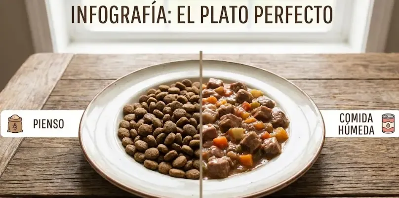 Infografía mostrando un plato dividido: mitad pienso, mitad comida húmeda