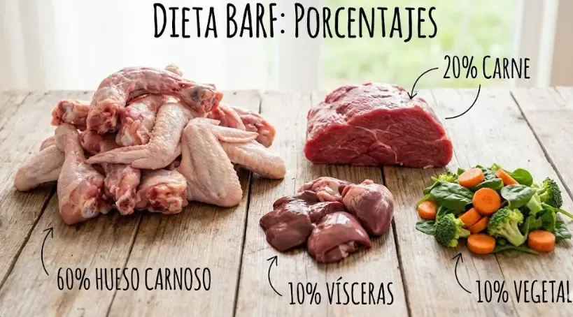 Infografía de porcentajes dieta BARF: 60% Hueso Carnoso, 20% Carne, 10% Vísceras, 10% Vegetal