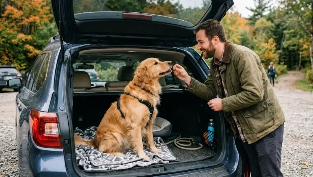 Dueño premiando a su perro con una golosina mientras este espera tranquilo en el maletero abierto