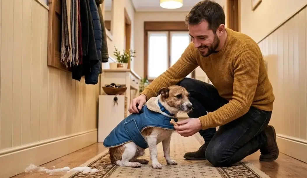 Dueño premiando a su perro pequeño mientras le pone el abrigo de invierno en el pasillo de casa