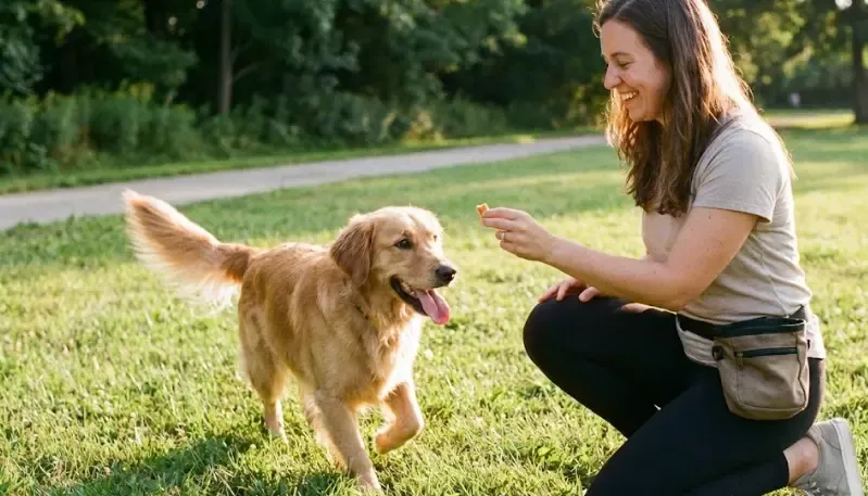 Dueño premiando a su perro tras acudir a la llamada