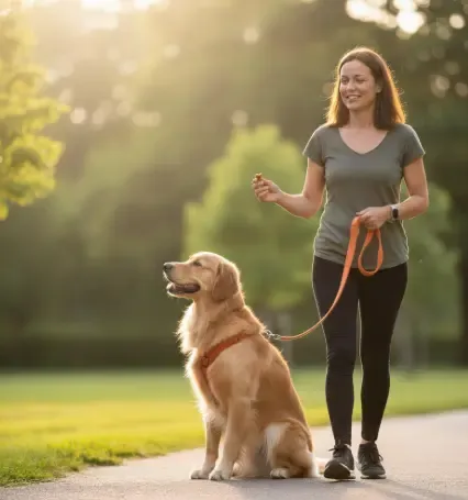 Dueño entregando un premio al perro a la altura de la rodilla durante el paseo