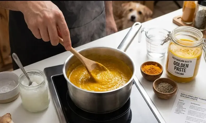 Dueño preparando la receta de la pasta dorada en una olla con aceite de coco y cúrcuma en polvo