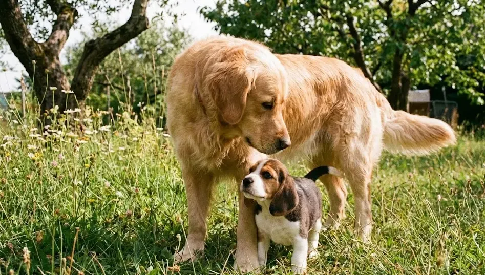 Perro adulto oliendo con curiosidad a un nuevo cachorro