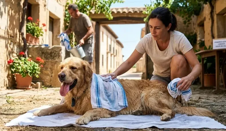 Dueño aplicando toallas humedecidas con agua fresca sobre el cuerpo de un perro jadeando para bajar su temperatura