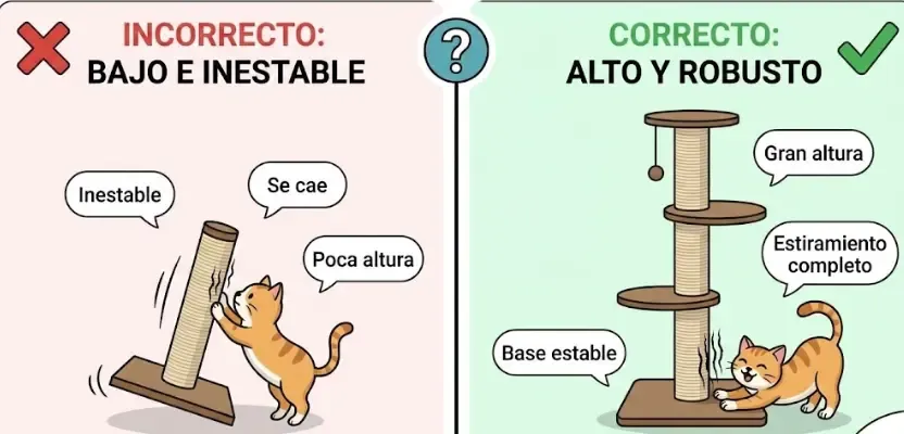 Infografía comparando un rascador inestable y bajo (incorrecto) con uno alto y robusto (correcto)