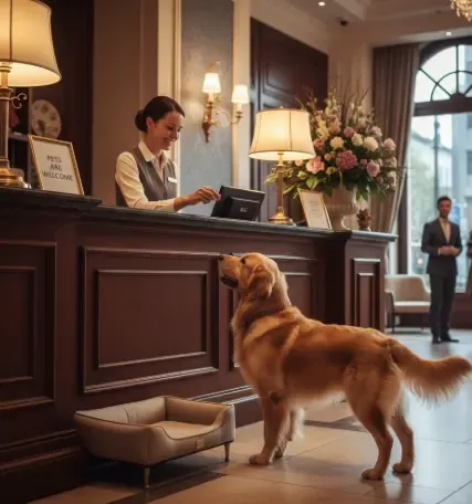 Perro feliz siendo recibido en la recepción de un hotel pet friendly