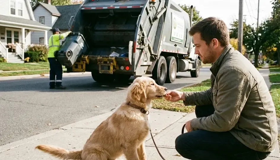 Dueño dando un premio a su cachorro mientras pasa un camión de basura
