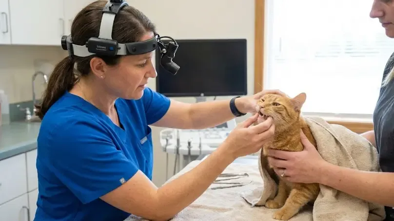 Veterinario revisando la dentadura de un gato con cuidado