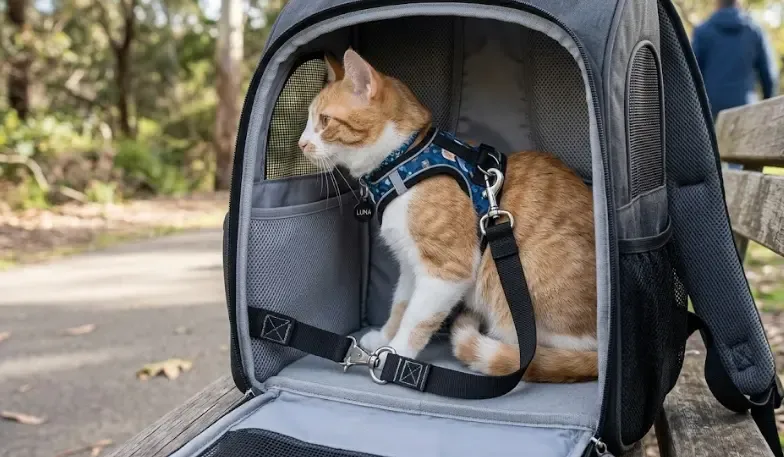 Detalle de la cremallera de seguridad y el enganche interior de una mochila para gatos