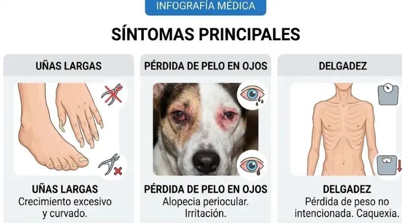Infografía mostrando los síntomas principales: uñas largas, pérdida de pelo en ojos, delgadez