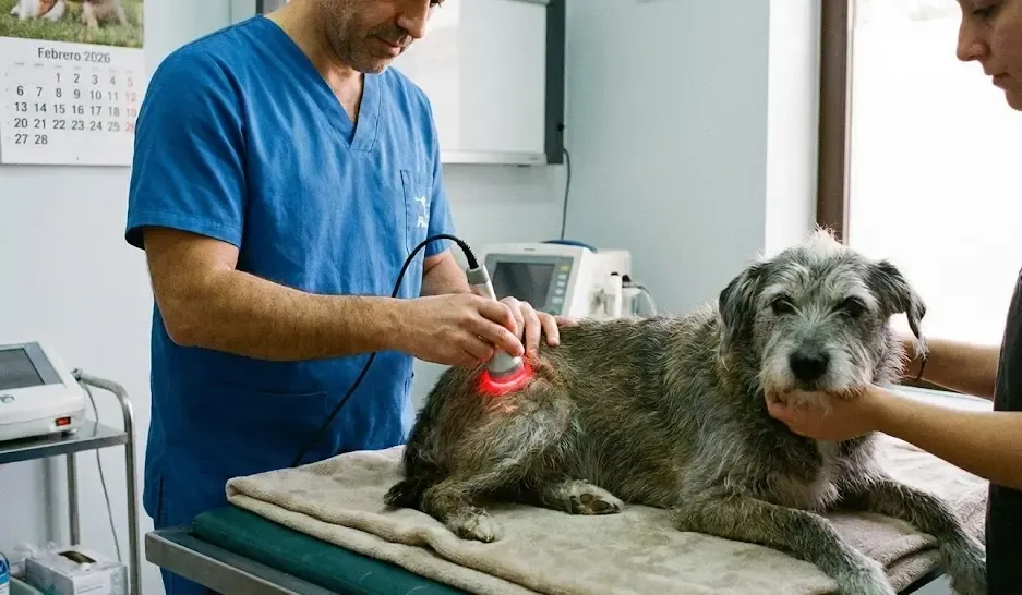 Veterinario aplicando terapia láser en la cadera de un perro mestizo mayor