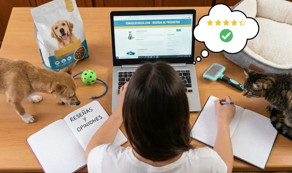 revisión de productos para mascotas, mostrando una variedad de artículos como alimentos, juguetes y accesorios, destacando la importancia de elegir productos de calidad para el bienestar de los animales.