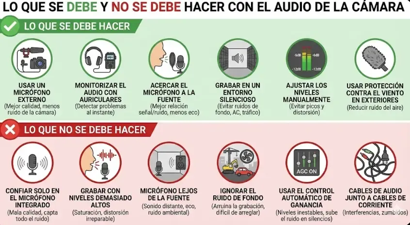 Infografía mostrando lo que se debe y no se debe hacer con el audio de la cámara