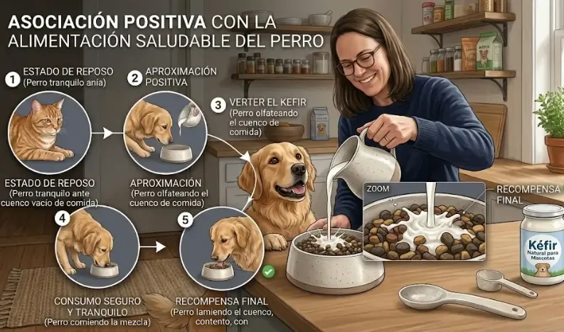 Dueño vertiendo un poco de kéfir natural sobre el pienso de su perro en su comedero