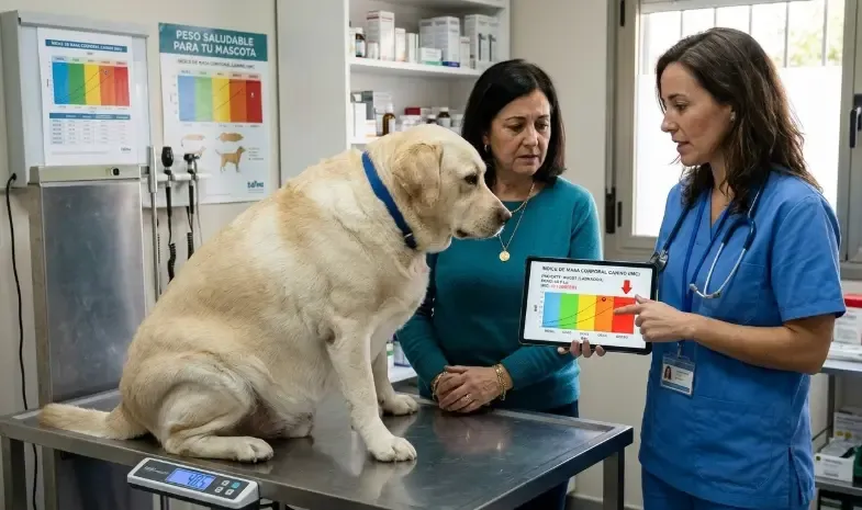 Veterinario mostrando a un dueño preocupado el índice de masa corporal de un perro Labrador con sobrepeso
