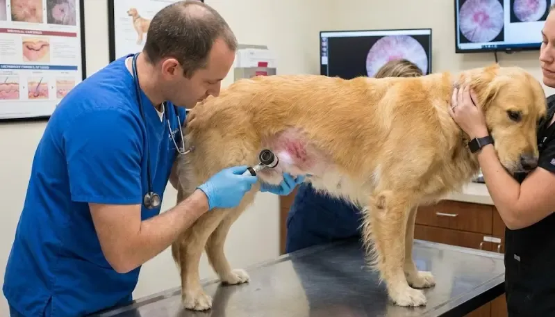 Perro con piel irritada siendo examinado por un veterinario con cariño