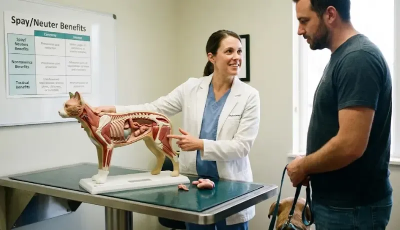 Veterinario explicando a un dueño los beneficios de la esterilización con una maqueta